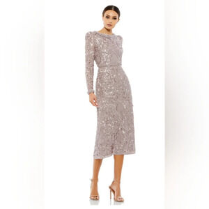 NWT -Mac Duggal, Embellished High Neck Puff Sleeve Dress, Mauve, Size 2 -$498